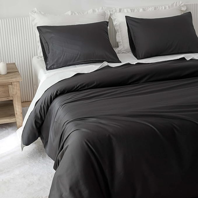 HeimenAogo 600TC Egyptian Cotton Duvet Cover Full Size Sateen Weave, Silky Soft and Breathable Bedding Set with Zipper Closure, Long Staple Cotton Bed Linen Moonless Night Black 3Pcs (80"×90")