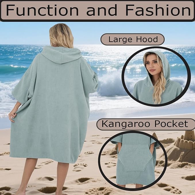 Surf Poncho Hooded Beach Towel, Quick Dry Terry Cloth, Extra Large Changing Robe with Pockets for Adults, Unisex Grass Tail Green Cover-Up for Swim, Bath, Beach, Gift for Swimmer Lovers