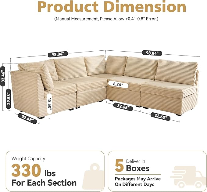 Modular Sectional Sofa,5 Pieces Sectional Couches for Living Room,131X65 L Shaped Cloud Couch with Oversized Convertible Modular Couch for Living Room