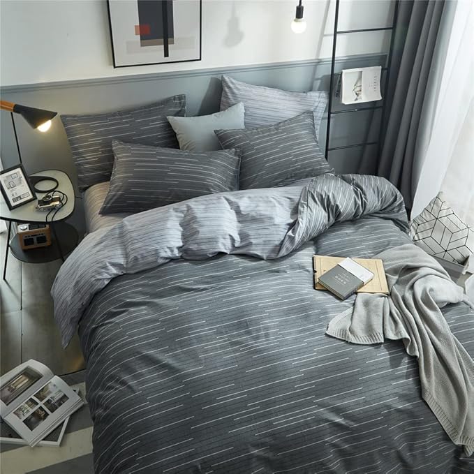 VM VOUGEMARKET Gray Stripes Bedding Set,3 Pieces Twin Duvet Cover with 2 Pillowcases for Boys Men 100% Cotton Modern Reversible Striped Comforter Cover with Zipper-80x90 Inch