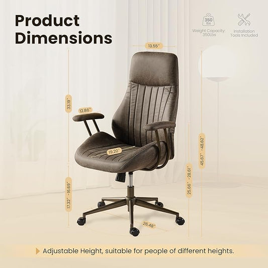 Home Office Desk Chair, Mid-Century Modern Office Chair with Adjustable Lumbar Support, Adjustable Height Executive Task Chair with 360 Rolling Swivel for Meeting Study Room(High Back, Grey)