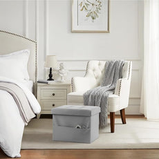 Storage Ottoman Foot Rest Stool, Small Leather Storage Ottomans Bench, Folding Footstool with Side Pockets, Foot Rest Under Desk for Living Room Bedroom, 16x12x12 in, Grey