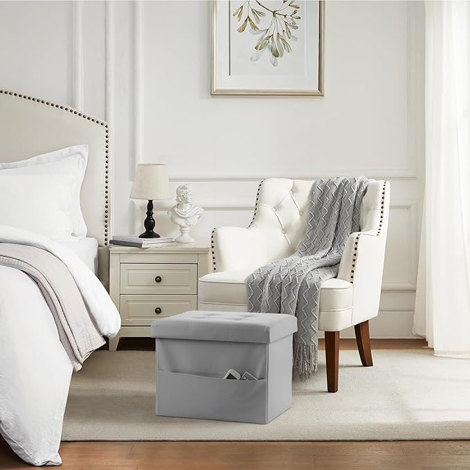 Storage Ottoman Foot Rest Stool, Small Leather Storage Ottomans Bench, Folding Footstool with Side Pockets, Foot Rest Under Desk for Living Room Bedroom, 16x12x12 in, Grey