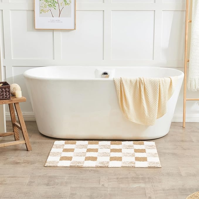 CozeCube Bath mats for Bathroom Non Slip, Fluffy Absorbent Microfiber Bath mat Washable, Aesthetic Bathroom Rugs, Small Beige Checkered Bath mat, Beige, 24" x 16"