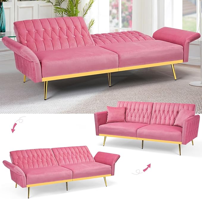 70” Velvet Futon Sofa Bed with 2 Pillows and Adjustable Armrests, Convertible Sleeper Bed, Modern Loveseat for Living Room, Bedroom, Pink