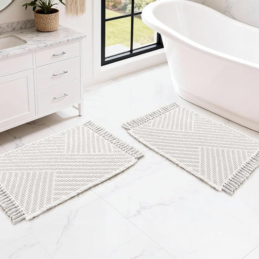 H.VERSAILTEX Waffle Bath Mat Super Absorbent Boho Bath Mat Non Slip Bath Rugs for Bathroom Floor Machine Washable Dry Fast Bathroom Rugs with Tassels (17 x 24 Plus 17 x 24 Inches, Ivory White)