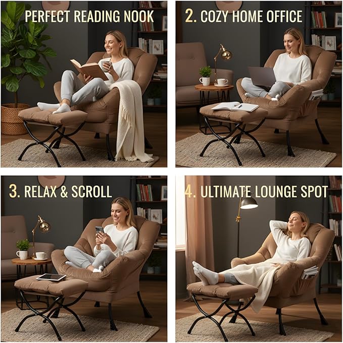 Tiita Lazy Chair with Ottoman, Modern Large Accent Lounge Armchair, Comfy Leisure Sofa Reading Chair with Footrest for Bedroom, Living Room, Dorm Rooms, Garden and Courtyard, Velvet Khaki