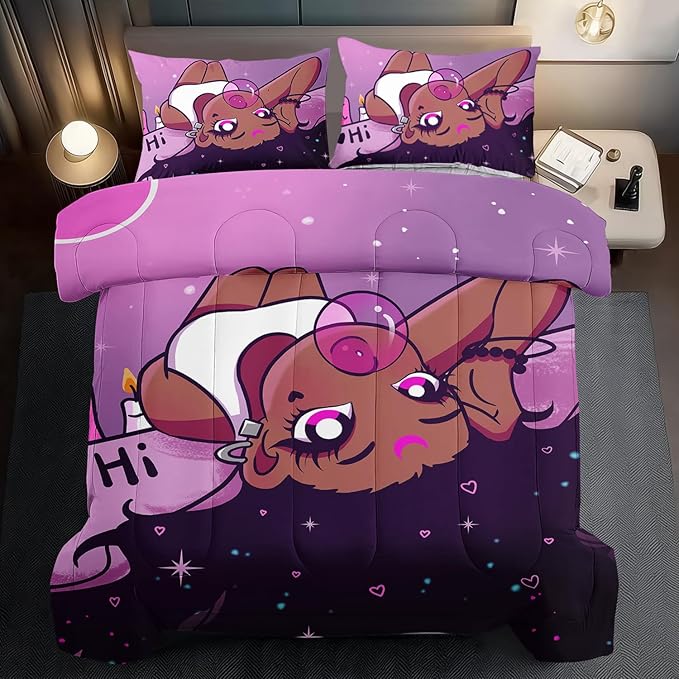 Black Girl Comforter Set Full Cute Bedding Set College Dorm Girl Cartoon Teen Black and Pink Comforter Full Kawaii Room Decor Cartoon Bedding Quilt Decor Kids