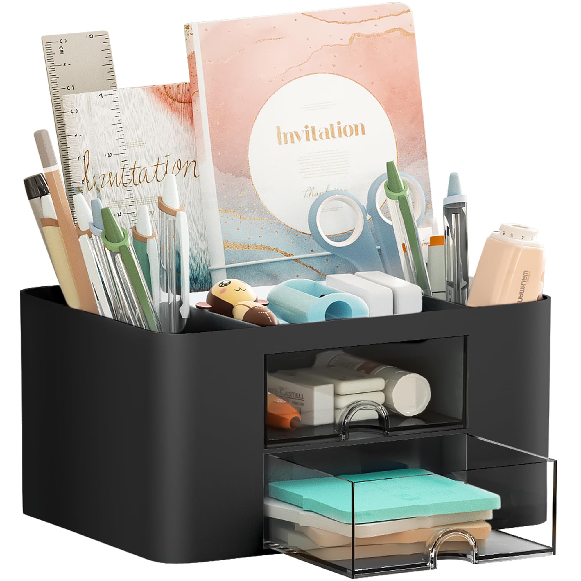 Marbrasse Pen Organizer with 2 Drawer, Multi-Functional Pencil Holder for Desk, Desk Organizers and Accessories with 5 Compartments + Drawer for Office Art Supplies (Blue) Dormly