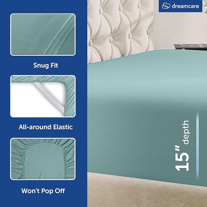 DREAMCARE Queen Size Sheets - Cooling Bed Sheets - 4pcs Set - up to 15" Deep Pocket Queen Sheet Set - Sheets Queen Size Bed - Soft & Long Lasting 100% Fine Microfiber with Side Pocket - Spa Blue DREAMCARE