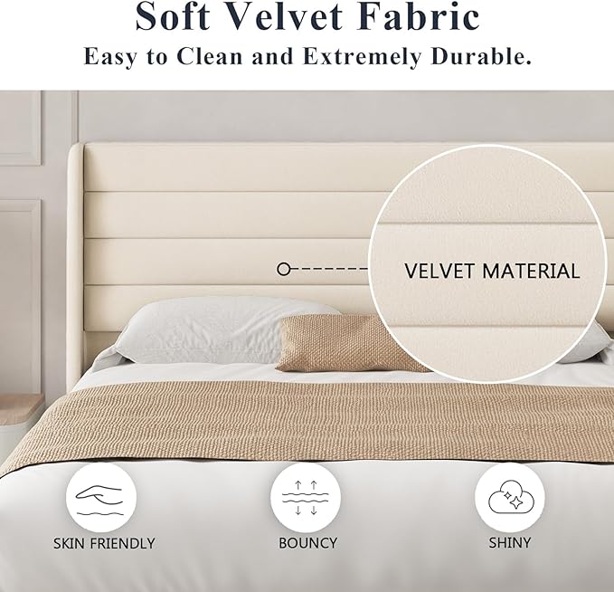 Queen Bed Frame with Upholstered Headboard, Velvet Platform Bedframe Mattress Foundation, Strong Wood Slat Support, No Box Spring Needed, Easy Assembly, Pale Beige