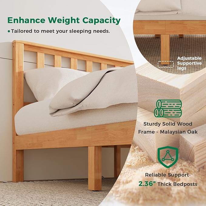 DELAVIN Queen Bed Frame with Headboard, Wood Platform Bed Frame, Farmhouse Style Bed Frame Queen Size with Slats Support, Malaysian Oak, No Box Spring Needed, Easy Assembly, Rustic Pine