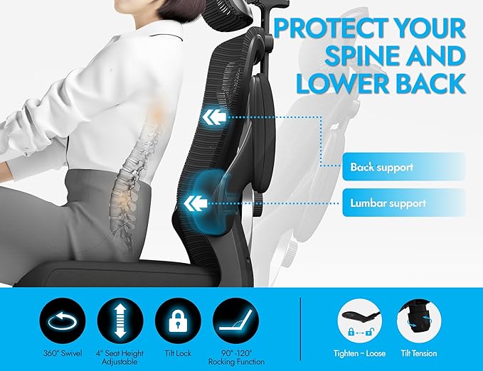 Ergonomic Office Chair - X-Shaped Computer Desk Chair Comfy, Gaming Chair, Office Chair with Lumbar Support, Mesh Office Chairs with Headrests, Desk Chair for Long Hours (Black Silver)