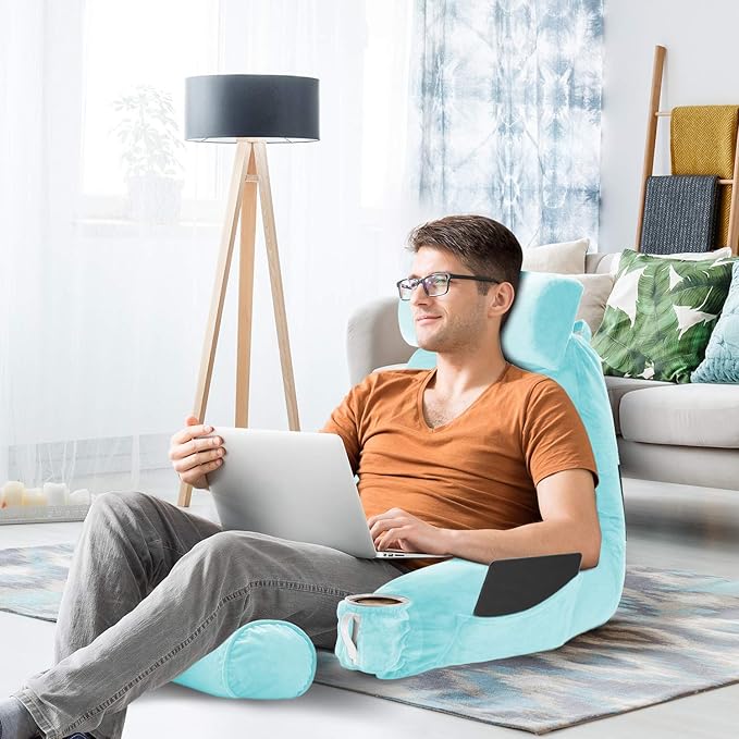 Nestl Reading Pillow with Shredded Memory Foam Includes 2 Neck and Lumber Support Pillows, Designed for Sitting Up in Bed and Couch, Back and Arms Adjustable Support for Adult & Teens, Light Blue