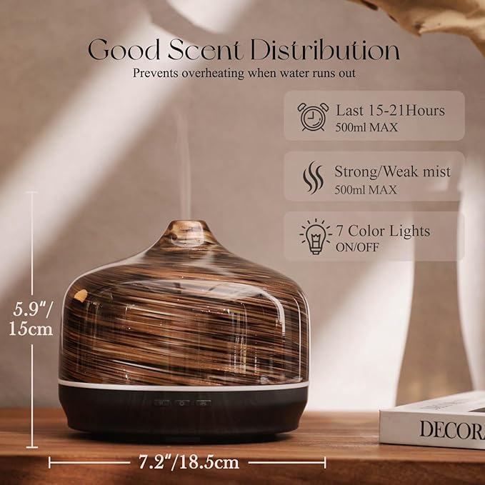 Porseme 500ml Glass Essential Oil Diffuser Aromatherapy Ultrasonic Cool Mist Humidifier 15-21 Running Hours Waterless Auto-Off Air Diffusers for Sleeping Yoga Office Working Spa and Rest (Dark Golden)