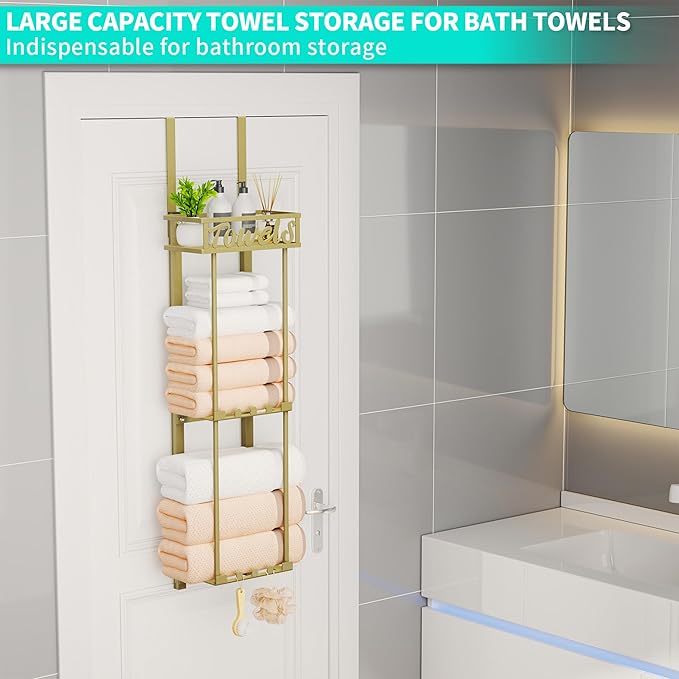 HapiRm Towel Rack Bathroom Storage - 3 Tier Over The Door & Wall Mounted Rolled Towel Racks Holder Organizer with Metal Shelf and 6 Hooks for Small Bathroom, Camper, Rv - Black