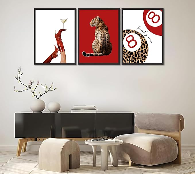 Trendy Leopard Canvas Wall Art Set of 3 Preppy Funky Red Boot Martini 8 Ball Wall Decor Pictures Feminism Aesthetic Cheetah Poster Prints for Girly Bedroom Apartment Decoration 12X16in Unframed