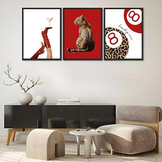 Trendy Leopard Canvas Wall Art Set of 3 Preppy Funky Red Boot Martini 8 Ball Wall Decor Pictures Feminism Aesthetic Cheetah Poster Prints for Girly Bedroom Apartment Decoration 12X16in Unframed