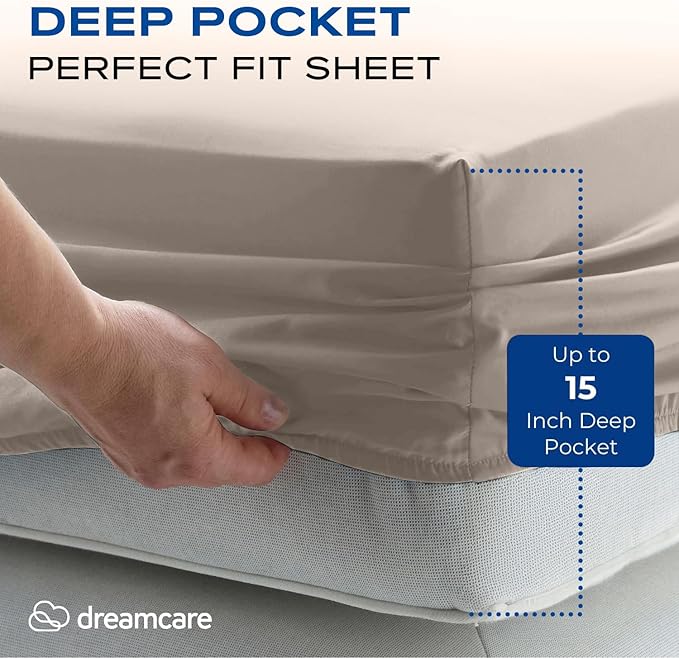 DREAMCARE Full Size Sheets Set - 4 Pcs Cooling Bed Sheets with Up to 15" Deep Pockets - Soft, Long-Lasting 100% Brushed Polyester with Side Pocket (Beige) DREAMCARE