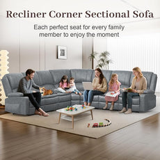 Manual Reclining Sectional Sofa Set, 7 Seats Soft Leather Recliner Corner Sectional Couch, Family-Sized L-Shaped Recliner Couch with USB Charging, Thickened Padding, Sturdy Frame, Grey