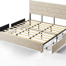 WLIVE King Size Upholstered Bed Frame with 4 Storage Drawers and Headboard, Velvet Platform Bedframe, Sturdy Metal & Wooden Slats Support, No Box Spring Needed, Easy Assembly, Beige