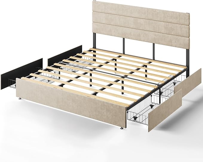 WLIVE King Size Upholstered Bed Frame with 4 Storage Drawers and Headboard, Velvet Platform Bedframe, Sturdy Metal & Wooden Slats Support, No Box Spring Needed, Easy Assembly, Beige