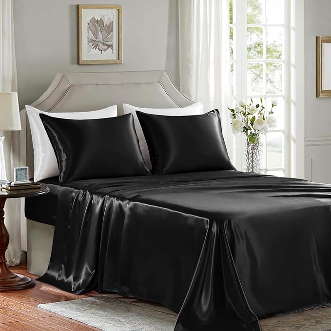 Satin Sheets Full Size - 4 Pieces Luxury Silky Soft Bed Sheets, Wrinkle-Free Black Satin Silk Sheet Set with 1 Deep Pocket Fitted Sheet, 1 Flat Sheet, 2 Pillow Cases