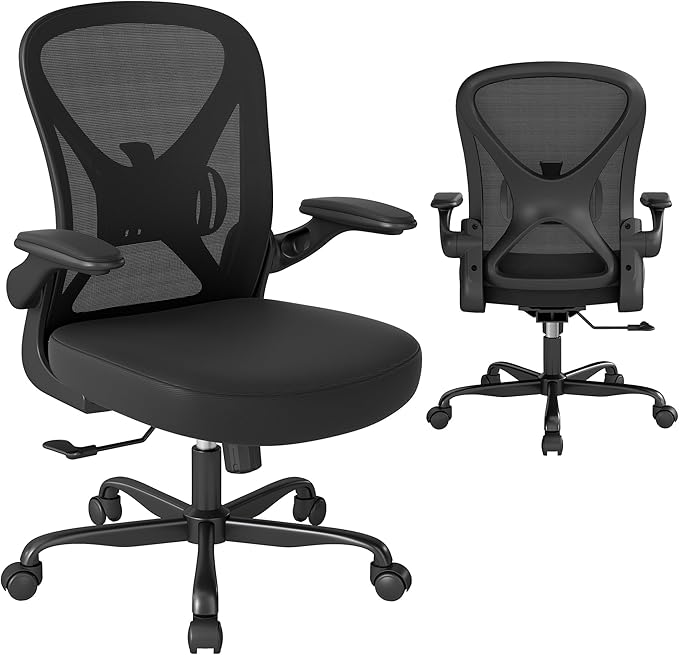 ZZH Mesh Office Chair with Adjustable Lumbar Support and Flip-up Arms, Ergonomic Home Office Desk Chair with Wheels, Black