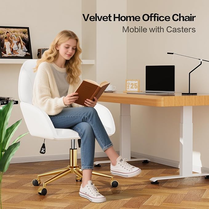 Home Office Desk Chair Comfy with Adjustable Swivel Wheels, Modern Velvet Makeup Vanity Chair with Back & Pillow, Ergonomic Office Chair Computer Task Chair for Living Room, Bedroom, White