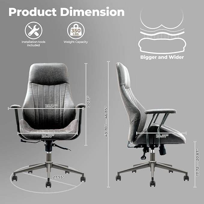 ovios Ergonomic Office Chair, High Back Faux Leather Executive Chairs with Armrests, Comfy High-Century Modern Swivel Rolling Computer Armchair (Dark Grey, Suede Leather)