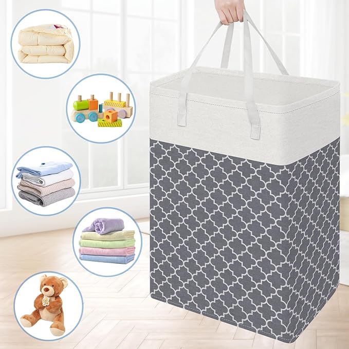 BlissTotes 3-Pack Laundry Basket, Freestanding＆Waterproof Laundry Hamper, Collapsible Tall Clothes Hamper with Easy Carry Handles for Clothes, Towels in the Family and Dorm,Clover Grey,75L