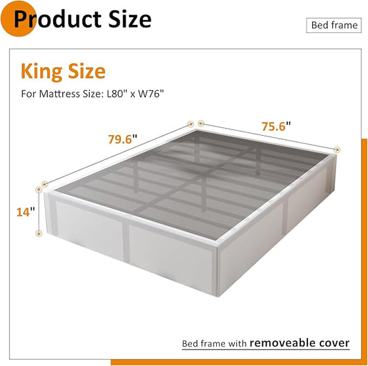 14 Inch King Size Bed Frame with White Fabric Cover, Heavy Duty King Platform Bed Frame Support Up to 3000 lbs, No Box Spring Needed, Easy Assembly, Noise Free, Black