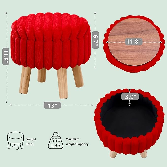 Wimarsbon Storage Ottoman,Soft Faux Fur Footstool with Padded Seat, Small Reading Vanity Chair, Footrest with Wood Tray for Couch, Mini Coffee Table or Display Stand (Red, Round Storage)