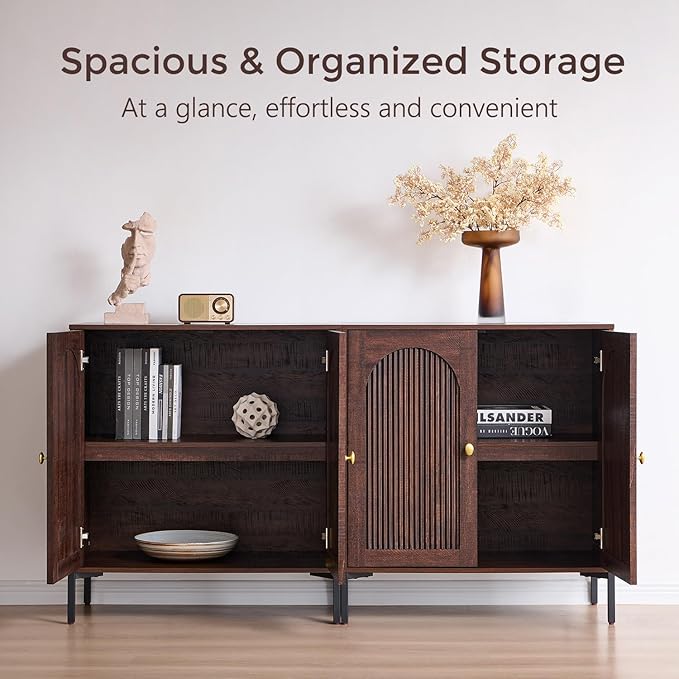Bathroom Cabinet with Storage, 34" Tall Fluted Arched Free Standing Floor Cabinet w/Adjustable Shelves, Modern Sideboard Cabinet for Bathroom, Kitchen, Living Room, Entryway, Brown