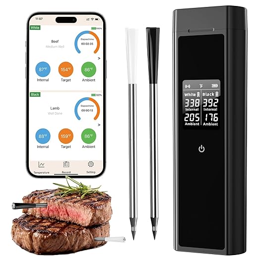 BlueSwan Bluetooth Meat Thermometer Digital, Food Thermometer Wireless 820 ft Range with 2 Color Probes with APP for Grill, Smoker, Oven, Magnetic Design for Cooking, BBQ, Valentines Day Gifts for Him