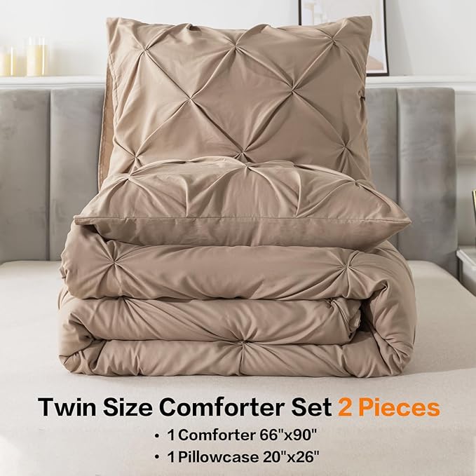 Andency Taupe Comforter Twin(66x90Inch), 2 Pieces(1 Pintuck Comforter, 1 Pillowcase) Microfiber Pinch Pleat Comforter Set Twin Size, Lightweight and Soft Bedding Comforter Set