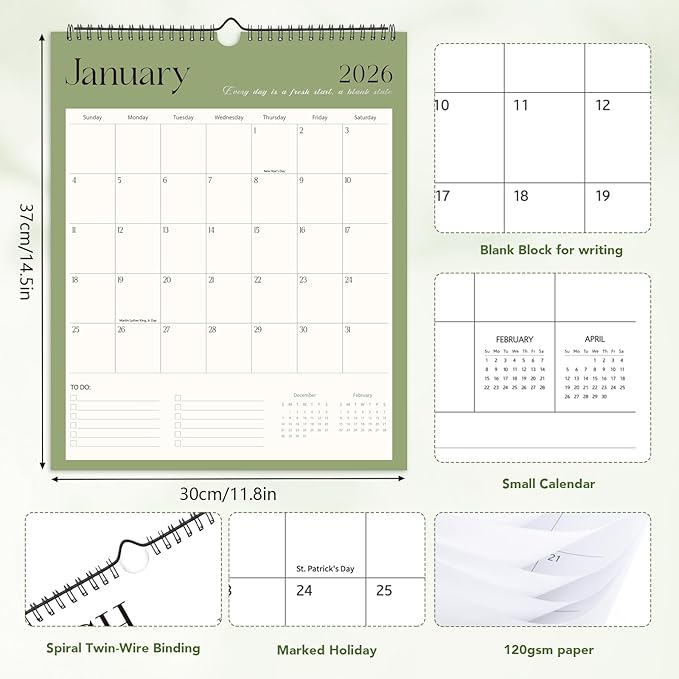 Wall Calendar 2026-2027, 18 Month Calendar from January 2026 to June 2027 14.5" x 11.8" Large Desk Calendar with Twin-Wire Binding for Home Office Planning Personal Organisers, Simple Style