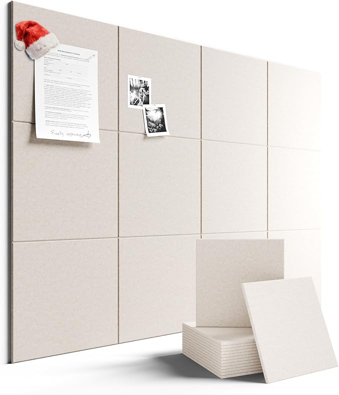 Felt Bulletin Board Tiles Large 48" x 36" Cork Board Alternative-12 Pack with 70 Adhesive Tabs, Thick Slat Wall Panels for Office Decor, Push Pin Board Wall Organizer Alternative - Oatmeal