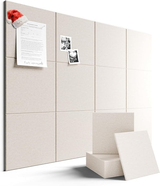 Felt Bulletin Board Tiles Large 48" x 36" Cork Board Alternative-12 Pack with 70 Adhesive Tabs, Thick Slat Wall Panels for Office Decor, Push Pin Board Wall Organizer Alternative - Oatmeal