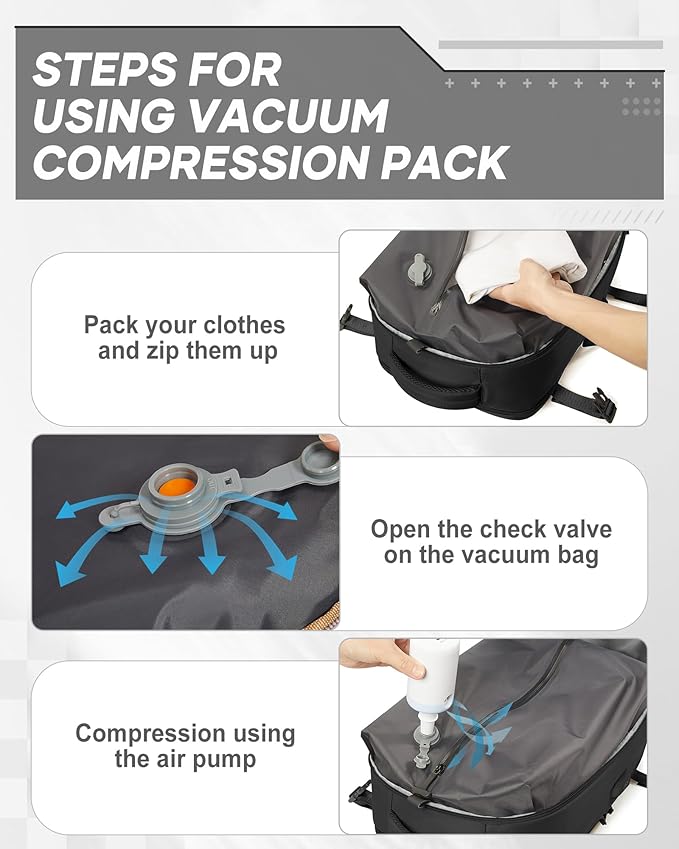 suwasp Vacuum Compression Backpack, 45L Expandable Travel Backpack with Electric Vacpack Pump, Travel Vacuum Bags with Shoe Compartment/17inch Laptop Compartment/Waterproof Pocket, Black