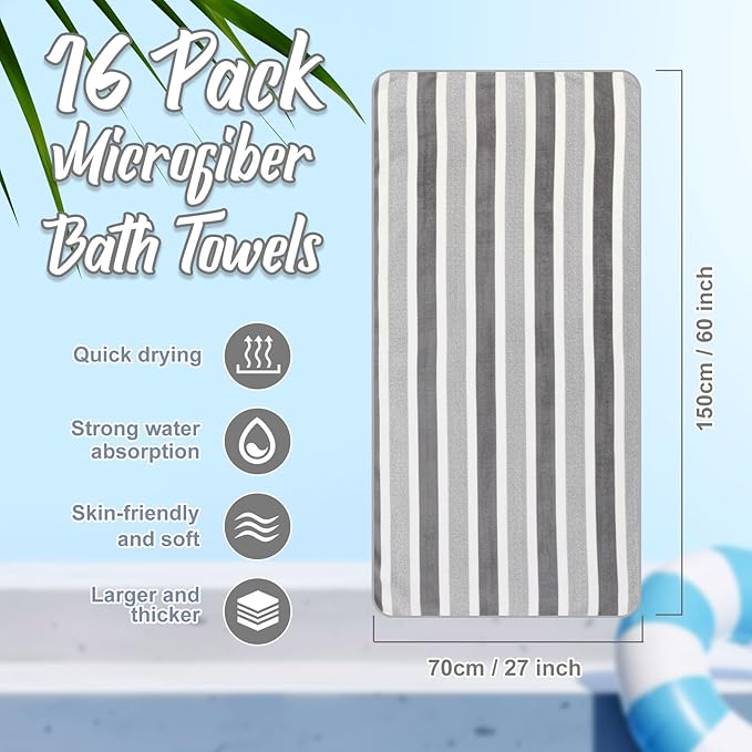 16 Pack Microfiber Bath Towels Bulk 27'' x 60'' Oversized Size Bath Towel Highly Absorbent Extra Large Soft Drying for Shower Beach Winter Salon Sport Gym Party (Stripes,Grey)