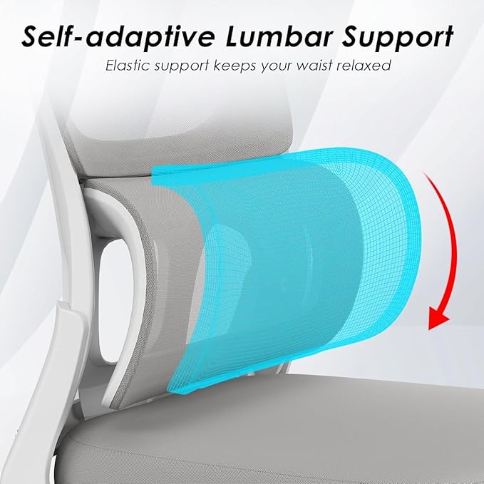 Soohow Office Chair, Mesh Ergonomic Office Chair with Lumbar Support, Comfy Computer Desk Chair with Flip Armrest Rolling Wheels for Home Study Room Office, White & Gray