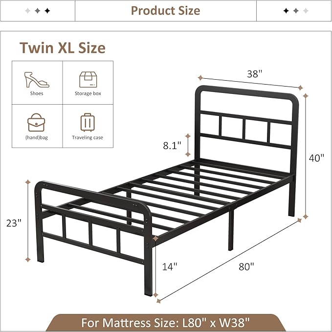 Twin XL Bed Frame with Headboard and Footboard 14 Inch, XL Twin Platform Bed Frame with Strong Metal Slats Support, Under-Bed Storage, Noise Free, Easy Assembly, Black