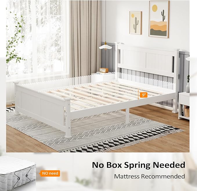 VINGLI Queen Bed Frame with Headboard Wood Platform Panel Bed,Heavy Duty Bed Slat No Box Spring Needed, White