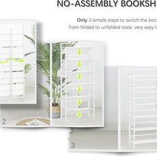 4NM No Assembly 6 Tiers Folding Bookshelf Storage Shelves Vintage Bookcase Standing Racks Study Organizer Home Office (All White)