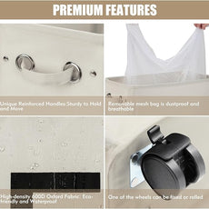 DOKEHOM 29-Inches Enlarged Slim Laundry Basket with Removable Wash Bag on Wheels, Collapsible Rolling Laundry Hamper, Foldable Narrow Corner Clothes Storage Bins (Beige)