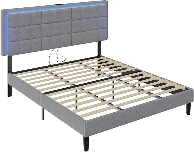 AMERLIFE King Size Button Tufted Platform Bed Frame with LED Lights, Upholstered Bed Frame with Charging Station, Wood Slat Support, Mattress Foundation, Light Grey