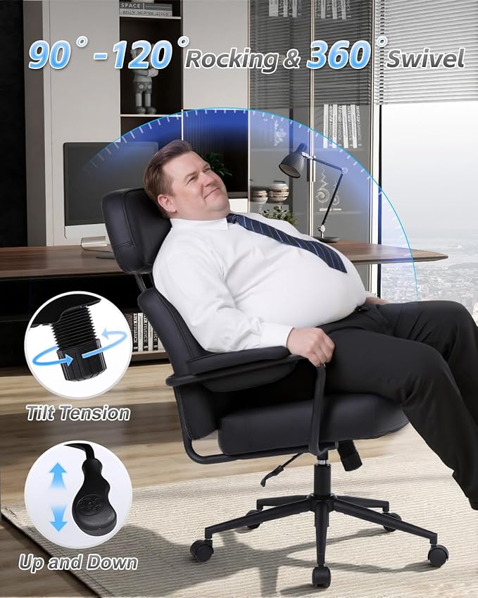 Office Chair Big and Tall 500lbs, Desk Chair Comfy, Oversized Computer Gaming Chair Extra Wide, Executive PU Leather Heavy Duty, High Back Swivel Rocking Chairs with Wheels for Home,Black