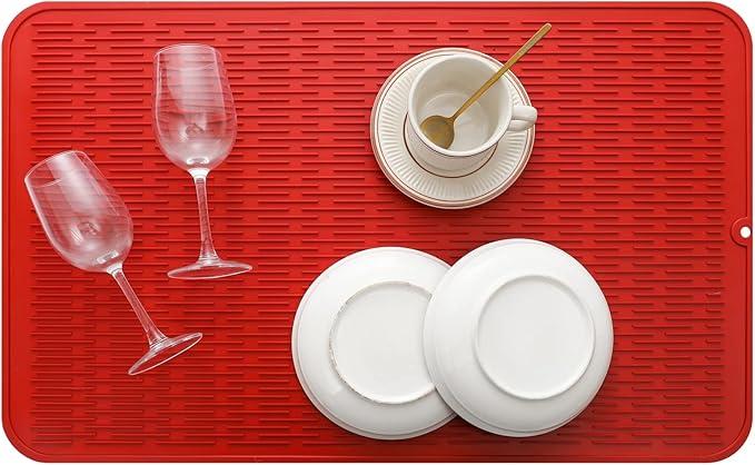 Silicone Dish Drying Mat for Multiple Usage,Easy clean,Eco-friendly,Heat-resistant Silicone Mat for Kitchen Counter or Sink,Refrigerator or Drawer Liner Red 3XL 28 inches x 18 inches