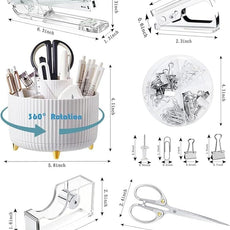 Desk Organizers and Accessories Set with 360-Degree Rotating Pen Holder, Acrylic Stapler, Tape Holder, Staple Remover, Binder/Paper Clips Kit, Scissor and 1 Box of Staples
